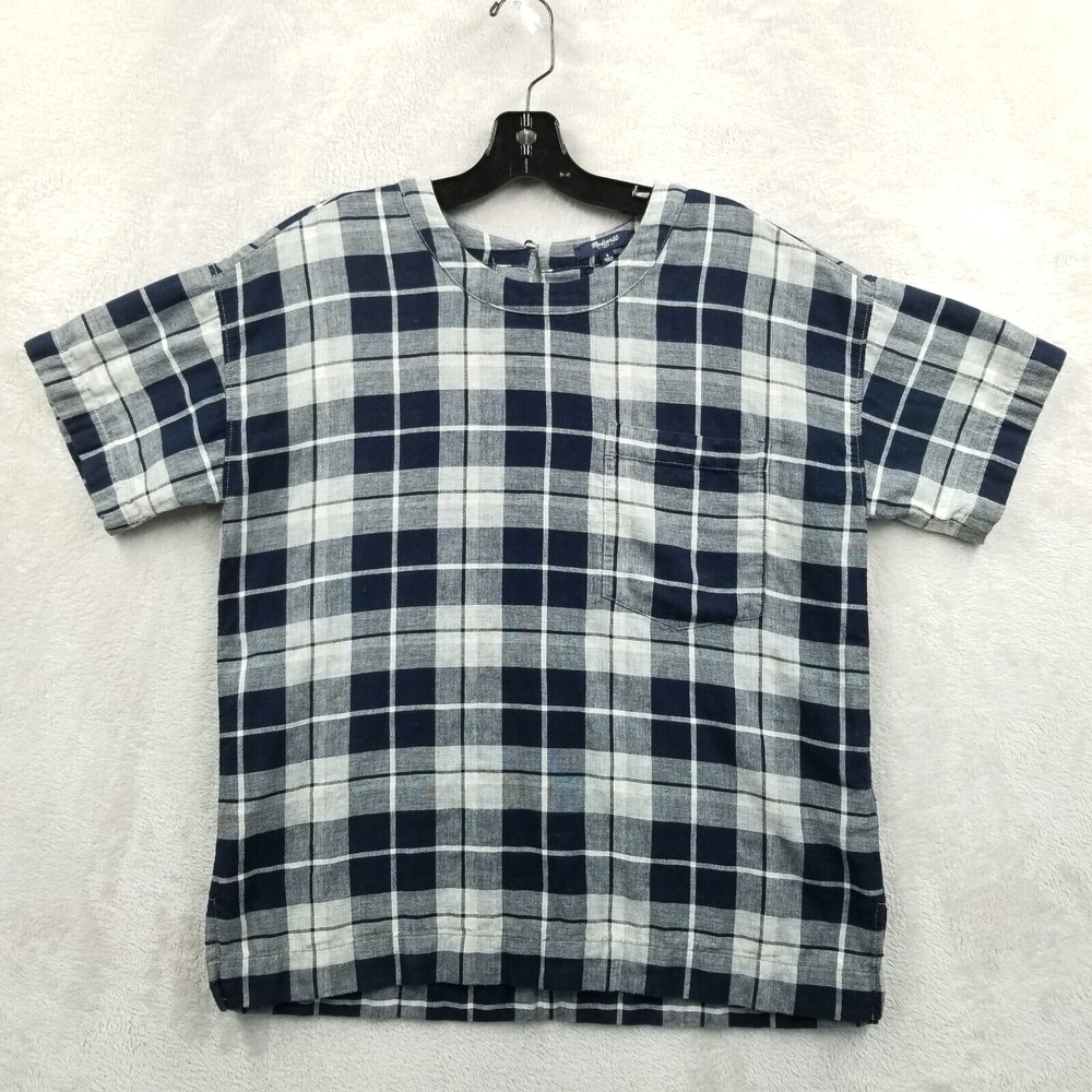 Madewell Shirt Women S Blue Plaid 100% Cotton Double Layer Boxy Short Sleeve Top